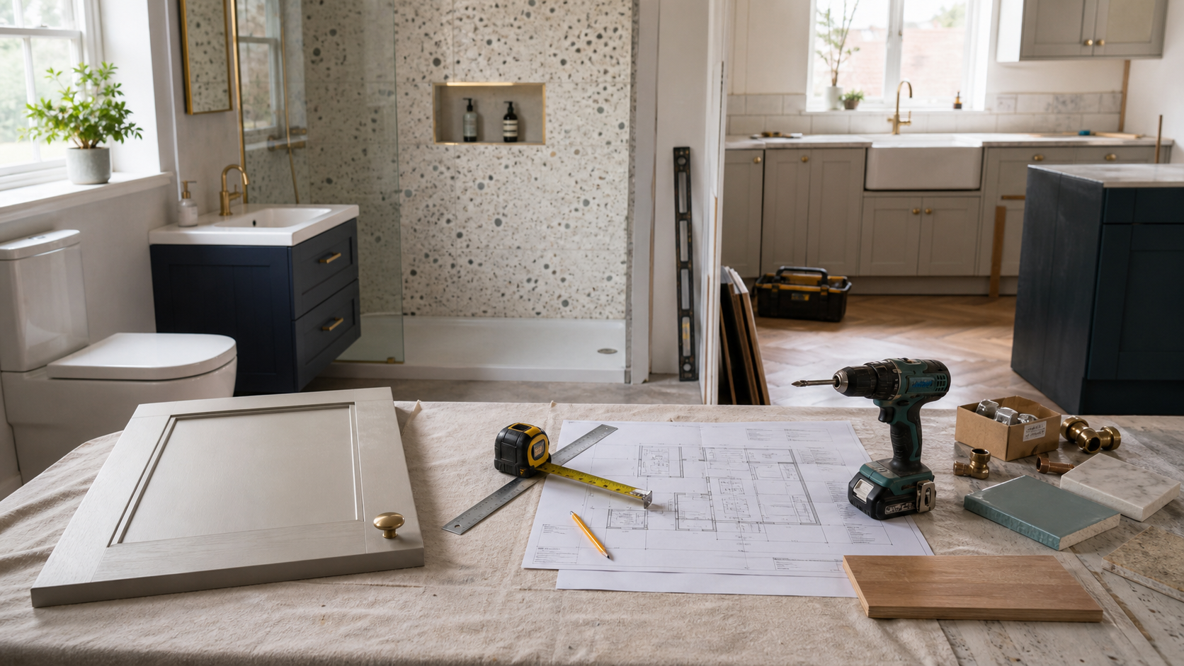 Bathroom and kitchen fitting workbench with room plan and tools